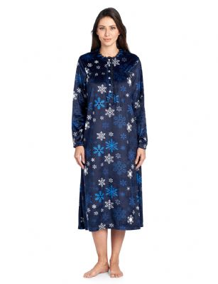 Ashford & Brooks Women's Mink Fleece Long Sleeve Nightgown - Navy Frozen Snowflake - This Ashford & Brooks womens Mink-Fleece Long Sleeve Long Nightgown offered in beautiful prints and patterns is made of Premium lightweight ultra-soft non-irritating Micro mink fleece fabric, that feels super soft against the skin and will keep you warm, cozy and comfy but not hot, yet stylish at the same time. The Modest Night dress features: Long sleeves with elastic cuffs, Lace Trim Round neck, Contrast piping and pleated top, easy 7 button closure, 2 side seam pockets and Ankle length Measures approx. 50" inches from shoulder to hem. A comfortable loose fit style perfect for sleeping, relax in or lounge around the house. It makes a great Mothers Day, Holiday Gift for any woman! She will sure love it!!!