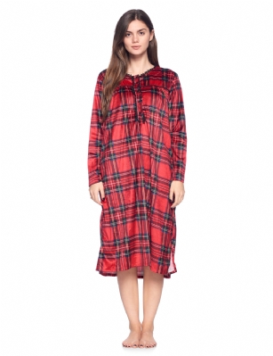 Ashford & Brooks Women's Mink Fleece Long Sleeve Nightgown - Red Stewart Plaid - This Ashford & Brooks womens Mink-Fleece Long Sleeve Long Nightgown offered in beautiful prints and patterns is made of Premium lightweight ultra-soft non-irritating Micro mink fleece fabric, that feels super soft against the skin and will keep you warm, cozy and comfy but not hot, yet stylish at the same time. The Modest Night dress features: Long sleeves with elastic cuffs, Lace Trim Round neck, Contrast piping and pleated top, easy 7 button closure, 2 side seam pockets and Ankle length Measures approx. 50" inches from shoulder to hem. A comfortable loose fit style perfect for sleeping, relax in or lounge around the house. It makes a great Mothers Day, Holiday Gift for any woman! She will sure love it!!!