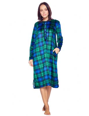 Ashford & Brooks Women's Mink Fleece Long Sleeve Nightgown - Blackwatch Plaid - This Ashford & Brooks womens Mink-Fleece Long Sleeve Long Nightgown offered in beautiful prints and patterns is made of Premium lightweight ultra-soft non-irritating Micro mink fleece fabric, that feels super soft against the skin and will keep you warm, cozy and comfy but not hot, yet stylish at the same time. The Modest Night dress features: Long sleeves with elastic cuffs, Lace Trim Round neck, Contrast piping and pleated top, easy 7 button closure, 2 side seam pockets and Ankle length Measures approx. 50" inches from shoulder to hem. A comfortable loose fit style perfect for sleeping, relax in or lounge around the house. It makes a great Mothers Day, Holiday Gift for any woman! She will sure love it!!!