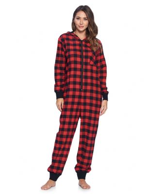 Ashford & Brooks Women's Flannel Hooded One Piece Pajama Union Jumpsuit - Red Buffalo Check - This Ashford & Brooks Luxurious Womens Flannel Long Sleeve zip up One-Piece hooded Union Suit Pajama is made from durable ultra-soft 55% Cotton /45% Polyester fabric. The cotton blend fabric is designed to give you that Super soft and warm feel to the touch, at the same time prevent excessive shrinkage unlike the 100% Cotton Flannel fabric. This One-piece pjs features; Easy front zipper closure, long sleeves with ribbed cuffs, attached hoody with Cotton lining, front chest and 2 side seam pockets, offered in beautiful Plaid and checkered patterns, This Zip Up Union Suit Pajama Lounger is perfect for sleeping or lounging around the house. It'll keep you cozy, warm, and comfortable during the cold winter days, you will not want to get them off! A great choice for birthdays, holidays and other gift-giving occasions for any special woman in your life. Comes in Beautifully Gift-Wrapped ready packaging. 