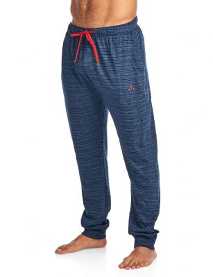 Balanced Tech Men's Jersey Knit Jogger Lounge Pants - Striation Navy - The Balanced Tech Men's Jersey Knit Sweatpants blends style with comfort. Constructed from lightweight 60% Cotton/ 40% Polyester fabric that's super soft and comfortable, it's a must to have in any active lounge wardrobe! Wear it as a layering piece, to workout, around the house or to sleep in. This easy lounge jogger takes comfort to the next level. Featuring elasticized waist with contrast color drawstring, 2 side pockets, cuffed ankles, tag-less construction, non-functional fly and logo detail. Pant measures: Approx. 29" to 30" inch inseam, varies according to size. Stretch construction improves mobility while maintaining its shape. It'll keep you cool and comfortable throughout.About the Brand - Balanced Tech designed in USA, is an activewear brand that infuses technology, Driven by the latest trends with style and comfort for everyday goals and challenges. Whether you are working up a serious sweat or hanging out on a Sunday, you can always look and feel great with Balanced Tech!