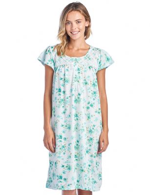 Casual Nights Women's Flowery Short Sleeve Nightgown - Mint - Hit the sack in total comfort with this Soft and lightweight cotton blend Nightgown From Casual Nights in a fun Floral pattern in a fun floral pattern. Nightshirt features: 5 Button closure, round neck, short sleeves, detailed with lace and ribbon for an extra feminine touch. Approximately 40" from shoulder to hem. A comfortable fit perfect for sleeping or lounging around.