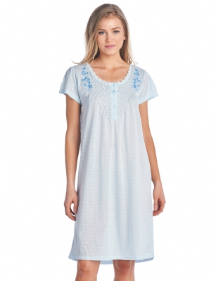 Casual Nights Women's Fancy Lace Flower Short Sleeve Nightgown - Embroidered/Blue - Sizing Recommendations: Medium (4-6) Large (8-10) X-Large (12-14) XX-Large (16-18) XXX-Large (18-20), Order one size up for more a relaxed fit Hit the sack in total comfort with this Soft and lightweight cotton blend Nightgown from Casual Nights in a fun Floral and Polka Dots prints. Nightshirt features: 5 Button closure, round neck, short sleeves, detailed with lace, tucks and embroidery for an extra feminine touch. Approximately 40" from shoulder to hem. A comfortable fit perfect for sleeping or lounging around.