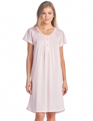 Casual Nights Women's Fancy Lace Flower Short Sleeve Nightgown - Embroidered/Pink - Sizing Recommendations: Medium (4-6) Large (8-10) X-Large (12-14) XX-Large (16-18) XXX-Large (18-20), Order one size up for more a relaxed fit Hit the sack in total comfort with this Soft and lightweight cotton blend Nightgown from Casual Nights in a fun Floral and Polka Dots prints. Nightshirt features: 5 Button closure, round neck, short sleeves, detailed with lace, tucks and embroidery for an extra feminine touch. Approximately 40" from shoulder to hem. A comfortable fit perfect for sleeping or lounging around.