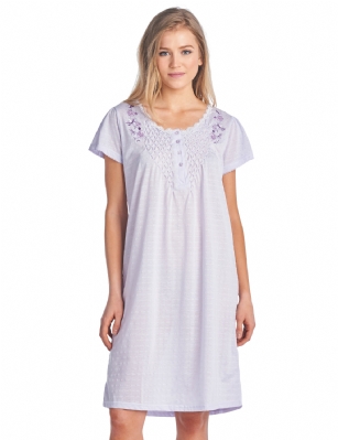 Casual Nights Women's Fancy Lace Flower Short Sleeve Nightgown - Embroidered/Purple - Sizing Recommendations: Medium (4-6) Large (8-10) X-Large (12-14) XX-Large (16-18) XXX-Large (18-20), Order one size up for more a relaxed fit Hit the sack in total comfort with this Soft and lightweight cotton blend Nightgown from Casual Nights in a fun Floral and Polka Dots prints. Nightshirt features: 5 Button closure, round neck, short sleeves, detailed with lace, tucks and embroidery for an extra feminine touch. Approximately 40" from shoulder to hem. A comfortable fit perfect for sleeping or lounging around.