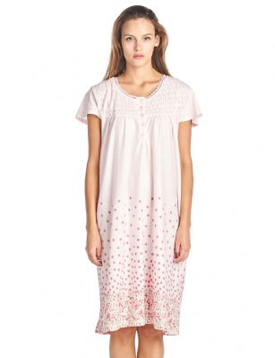 Casual Nights Women's Smocked Floral Short Sleeve Nightgown - Pink - Please use our size chart to determine which size will fit you best, if your measurements fall between two sizes we recommend ordering a larger size as most people prefer their sleepwear a little looser.Medium: Measures US Size 68, Chests/Bust 35-36"Large: Measures US Size 10-12, Chests/Bust 37-39"X-Large: Measures US Size 14-16, Chests/Bust 39.5-41"XX-Large: Measures US Size 16-18, Chests/Bust 42-44"3X-Large: Measures US Size 18W-20W, Chests/Bust 46-48"4X-Large: Measures US Size 22W-24W, Chests/Bust 50-52"This Smocked Knit Short Sleeve Nightgown from Casual Nights sleepwear is Soft and lightweight in a feminine border floral pattern with beautiful fancy smocked and lace detail, Sleep dress Features 5 Button closure, short cap sleeves. Gown measures 40" from shoulder to hem. A comfortable fit perfect for gifts, sleeping or as a gown to lounge around as a house-dress. Beautiful enough for special occasions, yet comfortable enough for every day. 
