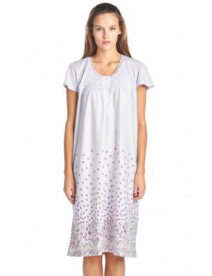 Casual Nights Women's Smocked Floral Short Sleeve Nightgown - Purple - Please use our size chart to determine which size will fit you best, if your measurements fall between two sizes we recommend ordering a larger size as most people prefer their sleepwear a little looser.Medium: Measures US Size 68, Chests/Bust 35-36"Large: Measures US Size 10-12, Chests/Bust 37-39"X-Large: Measures US Size 14-16, Chests/Bust 39.5-41"XX-Large: Measures US Size 16-18, Chests/Bust 42-44"3X-Large: Measures US Size 18W-20W, Chests/Bust 46-48"4X-Large: Measures US Size 22W-24W, Chests/Bust 50-52"This Smocked Knit Short Sleeve Nightgown from Casual Nights sleepwear is Soft and lightweight in a feminine border floral pattern with beautiful fancy smocked and lace detail, Sleep dress Features 5 Button closure, short cap sleeves. Gown measures 40" from shoulder to hem. A comfortable fit perfect for gifts, sleeping or as a gown to lounge around as a house-dress. Beautiful enough for special occasions, yet comfortable enough for every day. 