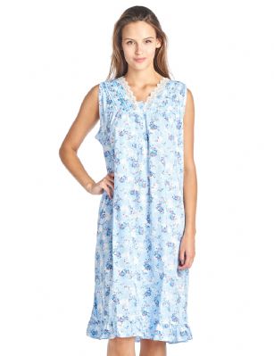 Casual Nights Women's Sleeveless Floral Lace and Ribbon Nightgown - Blue - Size recommendation: Size Medium (2-4) Large (6-8) X-Large (10-12) XX-Large (14-16), Order one size up For a more Relaxed FitHit the sack in total comfort with this Soft and lightweight KnitNightgownin a funfloralpattern, Features5 Button closure, V-neck,Approximately 40" from shoulder to hem, sleevesless,detailed with ruffled bottom, lace and bright ribbon for an extra feminine touch. A comfortable fit perfect for sleeping or lounging around.