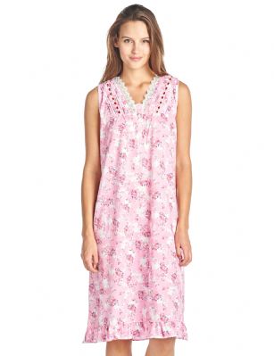 Casual Nights Women's Sleeveless Floral Lace and Ribbon Nightgown - Pink - Size recommendation: Size Medium (2-4) Large (6-8) X-Large (10-12) XX-Large (14-16), Order one size up For a more Relaxed FitHit the sack in total comfort with this Soft and lightweight KnitNightgownin a funfloralpattern, Features5 Button closure, V-neck,Approximately 40" from shoulder to hem, sleevesless,detailed with ruffled bottom, lace and bright ribbon for an extra feminine touch. A comfortable fit perfect for sleeping or lounging around.