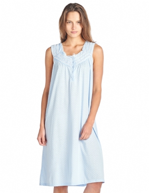 Casual Nights Women's Fancy Lace Trim Sleeveless Nightgown - Dot Blue - Please use this size chart to determine which size will fit you best, if your measurements fall between two sizes we recommend ordering a larger size as most people prefer their sleepwear a little looser. Medium: Measures US Size 68, Chests/Bust 35-36" Large: Measures US Size 10-12, Chests/Bust 37-38" X-Large: Measures US Size 12-14, Chests/Bust 38.5-40" XX-Large: Measures US Size 16-18, Chests/Bust 41.5-43" Hit the sack in total comfort with this Soft and lightweight Knit Night Gown from Casual Nights in fun floral, stripe, and dot patterns. Sleeveless Nightshirt features: 5 Button closure, square neck, detailed with lace and ribbon for an extra feminine touch. Approximately 40" from shoulder to hem. A comfortable fit perfect for sleeping or lounging around the house as a day dress. 