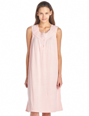 Casual Nights Women's Fancy Lace Trim Sleeveless Nightgown - Dot Peach - Please use this size chart to determine which size will fit you best, if your measurements fall between two sizes we recommend ordering a larger size as most people prefer their sleepwear a little looser. Medium: Measures US Size 68, Chests/Bust 35-36" Large: Measures US Size 10-12, Chests/Bust 37-38" X-Large: Measures US Size 12-14, Chests/Bust 38.5-40" XX-Large: Measures US Size 16-18, Chests/Bust 41.5-43" Hit the sack in total comfort with this Soft and lightweight Knit Night Gown from Casual Nights in fun floral, stripe, and dot patterns. Sleeveless Nightshirt features: 5 Button closure, square neck, detailed with lace and ribbon for an extra feminine touch. Approximately 40" from shoulder to hem. A comfortable fit perfect for sleeping or lounging around the house as a day dress. 