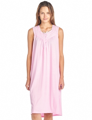 Casual Nights Women's Fancy Lace Trim Sleeveless Nightgown - Dot Pink - Please use this size chart to determine which size will fit you best, if your measurements fall between two sizes we recommend ordering a larger size as most people prefer their sleepwear a little looser. Medium: Measures US Size 68, Chests/Bust 35-36" Large: Measures US Size 10-12, Chests/Bust 37-38" X-Large: Measures US Size 12-14, Chests/Bust 38.5-40" XX-Large: Measures US Size 16-18, Chests/Bust 41.5-43" Hit the sack in total comfort with this Soft and lightweight Knit Night Gown from Casual Nights in fun floral, stripe, and dot patterns. Sleeveless Nightshirt features: 5 Button closure, square neck, detailed with lace and ribbon for an extra feminine touch. Approximately 40" from shoulder to hem. A comfortable fit perfect for sleeping or lounging around the house as a day dress. 
