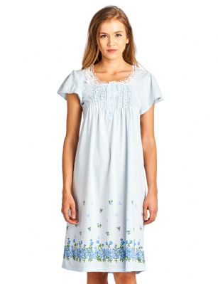 Casual Nights Women's Fancy Lace Flower Short Sleeve Nightgown  - Blue - Please use this size chart to determine which size will fit you best, if your measurements fall between two sizes we recommend ordering a larger size as most people prefer their sleepwear a little looser. Medium: Measures US Size 2-4, Chests/Bust 34"-35" Large: Measures US Size 68, Chests/Bust 35-36" X-Large: Measures US Size 10-12, Chests/Bust 37-38" XX-Large: Measures US Size 12-14, Chests/Bust 38.5-40" This fresh and Feminine Pullover Nightshirt from Casual Nights Lounge and sleepwear Collection, designed in polka dot pretty print. Features: short sleeves, scoop neck, lace at neck, flower printed border, 5 button closure, approx. 39 length, youll love slipping on and feel comfortable to wear around the house or to sleep in. 