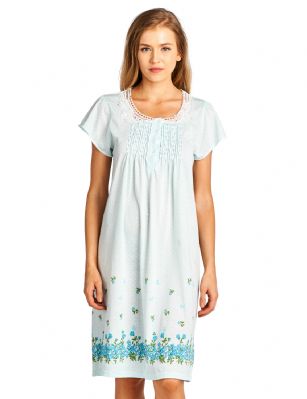 Casual Nights Women's Fancy Lace Flower Short Sleeve Nightgown  - Green - Please use this size chart to determine which size will fit you best, if your measurements fall between two sizes we recommend ordering a larger size as most people prefer their sleepwear a little looser. Medium: Measures US Size 2-4, Chests/Bust 34"-35" Large: Measures US Size 68, Chests/Bust 35-36" X-Large: Measures US Size 10-12, Chests/Bust 37-38" XX-Large: Measures US Size 12-14, Chests/Bust 38.5-40" This fresh and Feminine Pullover Nightshirt from Casual Nights Lounge and sleepwear Collection, designed in polka dot pretty print. Features: short sleeves, scoop neck, lace at neck, flower printed border, 5 button closure, approx. 39 length, youll love slipping on and feel comfortable to wear around the house or to sleep in. 