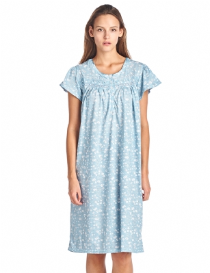Casual Nights Women's Short Sleeve Floral And Lace Nightgown - Blue - Please use our size chart to determine which size will fit you best, if your measurements fall between two sizes we recommend ordering a larger size as most people prefer their sleepwear a little looser. Medium: Measures US Size 68, Chests/Bust 35-36"Large: Measures US Size 10-12, Chests/Bust 37-39"X-Large: Measures US Size 14-16, Chests/Bust 39.5-41"XX-Large: Measures US Size 16-18, Chests/Bust 42-44"3X-Large: Measures US Size 18W-20W, Chests/Bust 46-48"4X-Large: Measures US Size 22W-24W, Chests/Bust 50-52"This knitted Short Sleeve Nightgown sleepwear from Casual Nights is Soft and lightweight in a feminine floral pattern, Sleep dress Features 5 Button closure, short cap sleeves, detailed with lace, Satin Ribbon for an extra fancy touch. Gown measures 40" from shoulder to hem. A comfortable fit perfect for sleeping or lounge around as a house-dress. Beautiful enough for special occasions, yet comfortable enough for every day. 