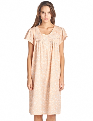 Casual Nights Women's Short Sleeve Floral And Lace Nightgown - Peach - Please use our size chart to determine which size will fit you best, if your measurements fall between two sizes we recommend ordering a larger size as most people prefer their sleepwear a little looser. Medium: Measures US Size 68, Chests/Bust 35-36"Large: Measures US Size 10-12, Chests/Bust 37-39"X-Large: Measures US Size 14-16, Chests/Bust 39.5-41"XX-Large: Measures US Size 16-18, Chests/Bust 42-44"3X-Large: Measures US Size 18W-20W, Chests/Bust 46-48"4X-Large: Measures US Size 22W-24W, Chests/Bust 50-52"This knitted Short Sleeve Nightgown sleepwear from Casual Nights is Soft and lightweight in a feminine floral pattern, Sleep dress Features 5 Button closure, short cap sleeves, detailed with lace, Satin Ribbon for an extra fancy touch. Gown measures 40" from shoulder to hem. A comfortable fit perfect for sleeping or lounge around as a house-dress. Beautiful enough for special occasions, yet comfortable enough for every day. 