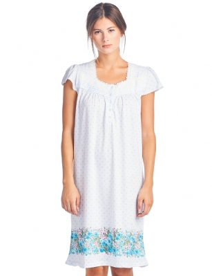 Casual Nights Women's Cap Sleeves Floral Lace Nightgown - Aqua Dots -  Please use our size chart to determine which size will fit you best, if your measurements fall between two sizes we recommend ordering a larger size as most people prefer their sleepwear a little looser.   Medium: Measures US Size 68, Chests/Bust 35-36" Large: Measures US Size 10-12, Chests/Bust 37-38"  X-Large: Measures US Size 14-16, Chests/Bust 39-41"  XX-Large: Measures US Size 16-18, Chests/Bust 41.5-43"  3X-Large: Measures US Size 18-20, Chests/Bust 43.5-45"  4X-Large: Measures US Size 20-22, Chests/Bust 45.5-47"   Hit the sack in total comfort with this Soft and lightweight Knit Nightgown in a fun dot pattern with printed floral border, Features 5 Button closure, Square neck, Approximately 40 from shoulder to hem, cap sleeves, detailed with lace and satin ribbon for an extra feminine touch.A comfortable fit perfect for sleeping or lounge around as a house-dress. Beautiful enough for special occasions, yet comfortable enough for every day. 