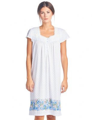 Casual Nights Women's Cap Sleeves Floral Lace Nightgown - Blue Dots -  Please use our size chart to determine which size will fit you best, if your measurements fall between two sizes we recommend ordering a larger size as most people prefer their sleepwear a little looser.   Medium: Measures US Size 68, Chests/Bust 35-36" Large: Measures US Size 10-12, Chests/Bust 37-38"  X-Large: Measures US Size 14-16, Chests/Bust 39-41"  XX-Large: Measures US Size 16-18, Chests/Bust 41.5-43"  3X-Large: Measures US Size 18-20, Chests/Bust 43.5-45"  4X-Large: Measures US Size 20-22, Chests/Bust 45.5-47"   Hit the sack in total comfort with this Soft and lightweight Knit Nightgown in a fun dot pattern with printed floral border, Features 5 Button closure, Square neck, Approximately 40 from shoulder to hem, cap sleeves, detailed with lace and satin ribbon for an extra feminine touch.A comfortable fit perfect for sleeping or lounge around as a house-dress. Beautiful enough for special occasions, yet comfortable enough for every day. 