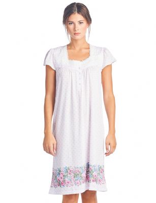 Casual Nights Women's Cap Sleeves Floral Lace Nightgown - Pink Dots -  Please use our size chart to determine which size will fit you best, if your measurements fall between two sizes we recommend ordering a larger size as most people prefer their sleepwear a little looser.   Medium: Measures US Size 68, Chests/Bust 35-36" Large: Measures US Size 10-12, Chests/Bust 37-38"  X-Large: Measures US Size 14-16, Chests/Bust 39-41"  XX-Large: Measures US Size 16-18, Chests/Bust 41.5-43"  3X-Large: Measures US Size 18-20, Chests/Bust 43.5-45"  4X-Large: Measures US Size 20-22, Chests/Bust 45.5-47"   Hit the sack in total comfort with this Soft and lightweight Knit Nightgown in a fun dot pattern with printed floral border, Features 5 Button closure, Square neck, Approximately 40 from shoulder to hem, cap sleeves, detailed with lace and satin ribbon for an extra feminine touch.A comfortable fit perfect for sleeping or lounge around as a house-dress. Beautiful enough for special occasions, yet comfortable enough for every day. 