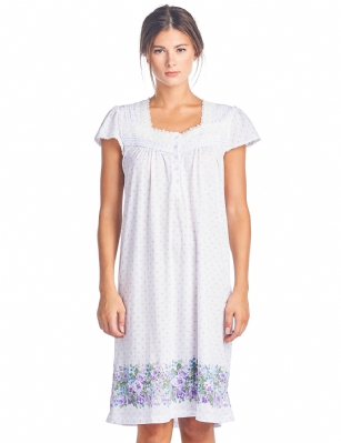 Casual Nights Women's Cap Sleeves Floral Lace Nightgown - Purple Dots -  Please use our size chart to determine which size will fit you best, if your measurements fall between two sizes we recommend ordering a larger size as most people prefer their sleepwear a little looser.   Medium: Measures US Size 68, Chests/Bust 35-36" Large: Measures US Size 10-12, Chests/Bust 37-38"  X-Large: Measures US Size 14-16, Chests/Bust 39-41"  XX-Large: Measures US Size 16-18, Chests/Bust 41.5-43"  3X-Large: Measures US Size 18-20, Chests/Bust 43.5-45"  4X-Large: Measures US Size 20-22, Chests/Bust 45.5-47"   Hit the sack in total comfort with this Soft and lightweight Knit Nightgown in a fun dot pattern with printed floral border, Features 5 Button closure, Square neck, Approximately 40 from shoulder to hem, cap sleeves, detailed with lace and satin ribbon for an extra feminine touch.A comfortable fit perfect for sleeping or lounge around as a house-dress. Beautiful enough for special occasions, yet comfortable enough for every day. 