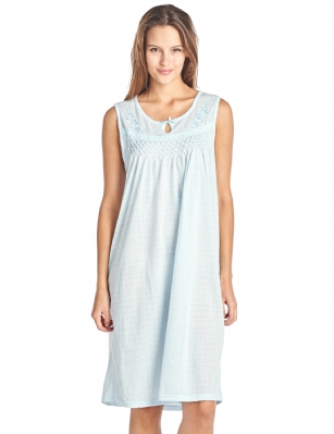 Casual Nights Women's Sleeveless Embroidered Pointelle Nightgown - Blue - Size recommendation: Size Medium (4-6) Large (8-10) X-Large (12-14) XX-Large (16-18), Order one size up For a more Relaxed FitHit the sack in total comfort with this Soft and lightweightCotton BlendNightgown, Featuresround neck,Approximately 38" from shoulder to hem, sleeveless, has a keyhole neckline, embroidery lace and pretty smocking on the yoke for an extra feminine touch. A comfortable fit perfect for sleeping or lounging around.