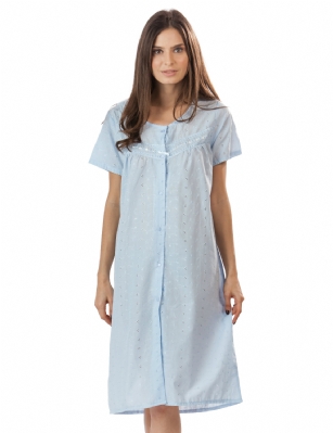 Casual Nights Women's Short Sleeve Eyelet Embroidered House Dress - Blue - Please use this size chart to determine which size will fit you best, if your measurements fall between two sizes we recommend ordering a larger size as most people prefer their sleepwear a little looser. Small: Measures US Size 68, Chests/Bust 35-36" Medium: Measures US Size 12-14, Chests/Bust 38.5-40" Large: Measures US Size 14-16, Chests/Bust 40-42" X-Large: Measures US Size 16-18, Chests/Bust 42.5"-44 XX-Large: Measures US Size 18-20, Chests/Bust 44.5"-46 XXX-Large: Measures US Size 20-22, Chests/Bust 46.5"-48 XXXX-Large: Measures US Size 22-24, Chests/Bust 48.5"-50 Hit the sack in total comfort with this Soft and lightweight Cotton Blend House Coat from our Lounge Dresses & MuuMuus collection, designed in a beautiful embroidered eyelet pattern, This duster features Button down closure, Short sleeves, length measures aprrox 41" inch, Satin Ribbon and Embroidery detail for an extra feminine touch. This Easy Muumuu Lounger will keep you comfortable and stylish to wear it around the house or to sleep in.