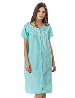Casual Nights Women's Short Sleeve Eyelet Embroidered House Dress - Green - Please use this size chart to determine which size will fit you best, if your measurements fall between two sizes we recommend ordering a larger size as most people prefer their sleepwear a little looser. Small: Measures US Size 68, Chests/Bust 35-36" Medium: Measures US Size 12-14, Chests/Bust 38.5-40" Large: Measures US Size 14-16, Chests/Bust 40-42" X-Large: Measures US Size 16-18, Chests/Bust 42.5"-44 XX-Large: Measures US Size 18-20, Chests/Bust 44.5"-46 XXX-Large: Measures US Size 20-22, Chests/Bust 46.5"-48 XXXX-Large: Measures US Size 22-24, Chests/Bust 48.5"-50 Hit the sack in total comfort with this Soft and lightweight Cotton Blend House Coat from our Lounge Dresses & MuuMuus collection, designed in a beautiful embroidered eyelet pattern, This duster features Button down closure, Short sleeves, length measures aprrox 41" inch, Satin Ribbon and Embroidery detail for an extra feminine touch. This Easy Muumuu Lounger will keep you comfortable and stylish to wear it around the house or to sleep in.