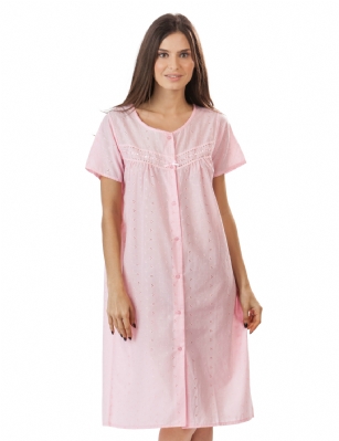 Casual Nights Women's Short Sleeve Eyelet Embroidered House Dress - Pink - Please use this size chart to determine which size will fit you best, if your measurements fall between two sizes we recommend ordering a larger size as most people prefer their sleepwear a little looser. Small: Measures US Size 68, Chests/Bust 35-36" Medium: Measures US Size 12-14, Chests/Bust 38.5-40" Large: Measures US Size 14-16, Chests/Bust 40-42" X-Large: Measures US Size 16-18, Chests/Bust 42.5"-44 XX-Large: Measures US Size 18-20, Chests/Bust 44.5"-46 XXX-Large: Measures US Size 20-22, Chests/Bust 46.5"-48 XXXX-Large: Measures US Size 22-24, Chests/Bust 48.5"-50 Hit the sack in total comfort with this Soft and lightweight Cotton Blend House Coat from our Lounge Dresses & MuuMuus collection, designed in a beautiful embroidered eyelet pattern, This duster features Button down closure, Short sleeves, length measures aprrox 41" inch, Satin Ribbon and Embroidery detail for an extra feminine touch. This Easy Muumuu Lounger will keep you comfortable and stylish to wear it around the house or to sleep in.