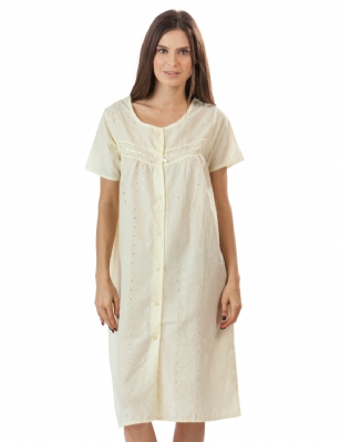 Casual Nights Women's Short Sleeve Eyelet Embroidered House Dress - Yellow - Please use this size chart to determine which size will fit you best, if your measurements fall between two sizes we recommend ordering a larger size as most people prefer their sleepwear a little looser. Small: Measures US Size 68, Chests/Bust 35-36" Medium: Measures US Size 12-14, Chests/Bust 38.5-40" Large: Measures US Size 14-16, Chests/Bust 40-42" X-Large: Measures US Size 16-18, Chests/Bust 42.5"-44 XX-Large: Measures US Size 18-20, Chests/Bust 44.5"-46 XXX-Large: Measures US Size 20-22, Chests/Bust 46.5"-48 XXXX-Large: Measures US Size 22-24, Chests/Bust 48.5"-50 Hit the sack in total comfort with this Soft and lightweight Cotton Blend House Coat from our Lounge Dresses & MuuMuus collection, designed in a beautiful embroidered eyelet pattern, This duster features Button down closure, Short sleeves, length measures aprrox 41" inch, Satin Ribbon and Embroidery detail for an extra feminine touch. This Easy Muumuu Lounger will keep you comfortable and stylish to wear it around the house or to sleep in.