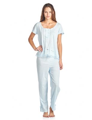 Casual Nights Women's Short Sleeve Dot Print Pajama Sleepwear Set - Blue - Use provided size chart to determine the size that will fit you best, if your measurements fall between two sizes we recommend ordering a larger size as most people prefer their sleepwear a little looser. Top Length 24", Sleep Pants Inseam 26"Medium: Measures US Size 02, Chests/Bust 31-33" Large: Measures US Size 4-6, Chests/Bust 33-35"X-Large: Measures US Size 8-10, Chests/Bust 36-37" XX-Large: Measures US Size 10-12, Chests/Bust 37-38" 1X: Measures US Size 0-0, Chests/Bust 00-00"2X: Measures US Size 0-0, Chests/Bust 00-00"3X: Measures US Size 0-0, Chests/Bust 00-00"4X: Measures US Size 0-0, Chests/Bust 00-00" Soft and lightweight feminine Knitted Short sleeve Pjs top With Long pants Pajamas 2-piece Sleep Set from Casual Nights in cute printed polka dot patterns, Embroidered Flowers, lace ruffled Trim detail, Long pants with hidden elastic rubber waist and drawstring for extra added comfort, 26 inseam length, Round Neck Shirt Features; Short Sleeves, 4 Button top closure, sleep top measures 24 length. This is a perfect sleep set to add to your sleepwear lounge collection, Beautiful enough for special occasions, yet comfortable enough for every day. 