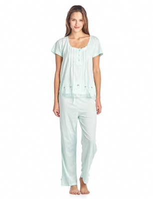 Casual Nights Women's Short Sleeve Dot Print Pajama Sleepwear Set - Green - Use provided size chart to determine the size that will fit you best, if your measurements fall between two sizes we recommend ordering a larger size as most people prefer their sleepwear a little looser. Top Length 24", Sleep Pants Inseam 26"Medium: Measures US Size 02, Chests/Bust 31-33" Large: Measures US Size 4-6, Chests/Bust 33-35"X-Large: Measures US Size 8-10, Chests/Bust 36-37" XX-Large: Measures US Size 10-12, Chests/Bust 37-38" 1X: Measures US Size 0-0, Chests/Bust 00-00"2X: Measures US Size 0-0, Chests/Bust 00-00"3X: Measures US Size 0-0, Chests/Bust 00-00"4X: Measures US Size 0-0, Chests/Bust 00-00" Soft and lightweight feminine Knitted Short sleeve Pjs top With Long pants Pajamas 2-piece Sleep Set from Casual Nights in cute printed polka dot patterns, Embroidered Flowers, lace ruffled Trim detail, Long pants with hidden elastic rubber waist and drawstring for extra added comfort, 26 inseam length, Round Neck Shirt Features; Short Sleeves, 4 Button top closure, sleep top measures 24 length. This is a perfect sleep set to add to your sleepwear lounge collection, Beautiful enough for special occasions, yet comfortable enough for every day. 