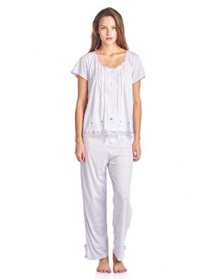 Casual Nights Women's Short Sleeve Dot Print Pajama Sleepwear Set - Purple - Use provided size chart to determine the size that will fit you best, if your measurements fall between two sizes we recommend ordering a larger size as most people prefer their sleepwear a little looser. Top Length 24", Sleep Pants Inseam 26"Medium: Measures US Size 02, Chests/Bust 31-33" Large: Measures US Size 4-6, Chests/Bust 33-35"X-Large: Measures US Size 8-10, Chests/Bust 36-37" XX-Large: Measures US Size 10-12, Chests/Bust 37-38" 1X: Measures US Size 0-0, Chests/Bust 00-00"2X: Measures US Size 0-0, Chests/Bust 00-00"3X: Measures US Size 0-0, Chests/Bust 00-00"4X: Measures US Size 0-0, Chests/Bust 00-00" Soft and lightweight feminine Knitted Short sleeve Pjs top With Long pants Pajamas 2-piece Sleep Set from Casual Nights in cute printed polka dot patterns, Embroidered Flowers, lace ruffled Trim detail, Long pants with hidden elastic rubber waist and drawstring for extra added comfort, 26 inseam length, Round Neck Shirt Features; Short Sleeves, 4 Button top closure, sleep top measures 24 length. This is a perfect sleep set to add to your sleepwear lounge collection, Beautiful enough for special occasions, yet comfortable enough for every day. 