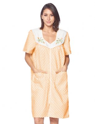Casual Nights Women's Zipper Front House Dress Short Sleeves Embroidered Seersucker Housecoat Duster Lounger - Dots Orange - This lightweight Cute and comfortable House coat with full Zipper front closure dress Duster for ladies from the Casual Nights Lounge and Sleepwear robes Collection, Thin and light spring/time - summer house robe in polka dots pattern design. this easy to wear dress bathrobe is made of 55% Cotton, 45% Polyester Seersucker woven fabric, perfect for spring and summer! The sleep Housedress Features: Cap sleeve gown with full zip up, zip down front closure for easy wearing and easy slipping on/off, flattering sweetheart neckline with piping and feminine floral Embroidery on solid white yoke, 2 roomy front hand pockets, knee length approx. 40. This lounge wear muumuu dress has a relaxed comfortable fit and comes in regular and plus sizes S, M, L, XL, 2X, 3X, 4X. versatile multi uses, throw over your clothes as house robe while cleaning, washing and cooking, wear around the house as relaxed home day waltz dress, a nightgown to sleep in the spring and hot summer nights as a sleepshirt dress, This sleep robe gown is perfect to use for maternity, labor/delivery, hospital gown. Makes a perfect Mothers Day gift for your loved ones, mom, older women or elderly grandmother. Even beautiful enough for outside shopping and walking, comfortable enough for everyday use around the house. Please use our size chart to determine which size will fit you best, if your measurements fall between two sizes, we recommend ordering a larger size as most people prefer their sleepwear a little looser. Small: Measures US Size 4-6, Chests/Bust 34"-35" Medium: Measures US Size 8-10, Chests/Bust 36"-37" Large: Measures US Size 1214, Chests/Bust 38"-40" X-Large: Measures US Size 16-18, Chests/Bust 41"-43" XX-Large: Measures US Size 18W-20W, Chests/Bust 46-48" 3X-Large: Measures US Size 22W-24W, Chests/Bust 50-52" 4X-Large: Measures US Size 26-28, Chests/Bust 54-56" 
