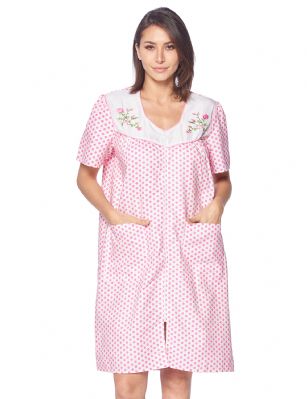 Casual Nights Women's Zipper Front House Dress Short Sleeves Embroidered Seersucker Housecoat Duster Lounger - Dots Pink - This lightweight Cute and comfortable House coat with full Zipper front closure dress Duster for ladies from the Casual Nights Lounge and Sleepwear robes Collection, Thin and light spring/time - summer house robe in polka dots pattern design. this easy to wear dress bathrobe is made of 55% Cotton, 45% Polyester Seersucker woven fabric, perfect for spring and summer! The sleep Housedress Features: Cap sleeve gown with full zip up, zip down front closure for easy wearing and easy slipping on/off, flattering sweetheart neckline with piping and feminine floral Embroidery on solid white yoke, 2 roomy front hand pockets, knee length approx. 40. This lounge wear muumuu dress has a relaxed comfortable fit and comes in regular and plus sizes S, M, L, XL, 2X, 3X, 4X. versatile multi uses, throw over your clothes as house robe while cleaning, washing and cooking, wear around the house as relaxed home day waltz dress, a nightgown to sleep in the spring and hot summer nights as a sleepshirt dress, This sleep robe gown is perfect to use for maternity, labor/delivery, hospital gown. Makes a perfect Mothers Day gift for your loved ones, mom, older women or elderly grandmother. Even beautiful enough for outside shopping and walking, comfortable enough for everyday use around the house. Please use our size chart to determine which size will fit you best, if your measurements fall between two sizes, we recommend ordering a larger size as most people prefer their sleepwear a little looser. Small: Measures US Size 4-6, Chests/Bust 34"-35" Medium: Measures US Size 8-10, Chests/Bust 36"-37" Large: Measures US Size 1214, Chests/Bust 38"-40" X-Large: Measures US Size 16-18, Chests/Bust 41"-43" XX-Large: Measures US Size 18W-20W, Chests/Bust 46-48" 3X-Large: Measures US Size 22W-24W, Chests/Bust 50-52" 4X-Large: Measures US Size 26-28, Chests/Bust 54-56" 