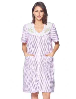 Casual Nights Women's Zipper Front House Dress Short Sleeves Embroidered Seersucker Housecoat Duster Lounger - Dots Lilac - This lightweight Cute and comfortable House coat with full Zipper front closure dress Duster for ladies from the Casual Nights Lounge and Sleepwear robes Collection, Thin and light spring/time - summer house robe in polka dots pattern design. this easy to wear dress bathrobe is made of 55% Cotton, 45% Polyester Seersucker woven fabric, perfect for spring and summer! The sleep Housedress Features: Cap sleeve gown with full zip up, zip down front closure for easy wearing and easy slipping on/off, flattering sweetheart neckline with piping and feminine floral Embroidery on solid white yoke, 2 roomy front hand pockets, knee length approx. 40. This lounge wear muumuu dress has a relaxed comfortable fit and comes in regular and plus sizes S, M, L, XL, 2X, 3X, 4X. versatile multi uses, throw over your clothes as house robe while cleaning, washing and cooking, wear around the house as relaxed home day waltz dress, a nightgown to sleep in the spring and hot summer nights as a sleepshirt dress, This sleep robe gown is perfect to use for maternity, labor/delivery, hospital gown. Makes a perfect Mothers Day gift for your loved ones, mom, older women or elderly grandmother. Even beautiful enough for outside shopping and walking, comfortable enough for everyday use around the house. Please use our size chart to determine which size will fit you best, if your measurements fall between two sizes, we recommend ordering a larger size as most people prefer their sleepwear a little looser. Small: Measures US Size 4-6, Chests/Bust 34"-35" Medium: Measures US Size 8-10, Chests/Bust 36"-37" Large: Measures US Size 1214, Chests/Bust 38"-40" X-Large: Measures US Size 16-18, Chests/Bust 41"-43" XX-Large: Measures US Size 18W-20W, Chests/Bust 46-48" 3X-Large: Measures US Size 22W-24W, Chests/Bust 50-52" 4X-Large: Measures US Size 26-28, Chests/Bust 54-56" 