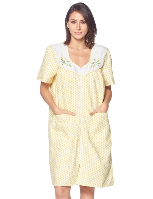 Casual Nights Women's Zipper Front House Dress Short Sleeves Embroidered Seersucker Housecoat Duster Lounger - Dots Yellow - This lightweight Cute and comfortable House coat with full Zipper front closure dress Duster for ladies from the Casual Nights Lounge and Sleepwear robes Collection, Thin and light spring/time - summer house robe in polka dots pattern design. this easy to wear dress bathrobe is made of 55% Cotton, 45% Polyester Seersucker woven fabric, perfect for spring and summer! The sleep Housedress Features: Cap sleeve gown with full zip up, zip down front closure for easy wearing and easy slipping on/off, flattering sweetheart neckline with piping and feminine floral Embroidery on solid white yoke, 2 roomy front hand pockets, knee length approx. 40. This lounge wear muumuu dress has a relaxed comfortable fit and comes in regular and plus sizes S, M, L, XL, 2X, 3X, 4X. versatile multi uses, throw over your clothes as house robe while cleaning, washing and cooking, wear around the house as relaxed home day waltz dress, a nightgown to sleep in the spring and hot summer nights as a sleepshirt dress, This sleep robe gown is perfect to use for maternity, labor/delivery, hospital gown. Makes a perfect Mothers Day gift for your loved ones, mom, older women or elderly grandmother. Even beautiful enough for outside shopping and walking, comfortable enough for everyday use around the house. Please use our size chart to determine which size will fit you best, if your measurements fall between two sizes, we recommend ordering a larger size as most people prefer their sleepwear a little looser. Small: Measures US Size 4-6, Chests/Bust 34"-35" Medium: Measures US Size 8-10, Chests/Bust 36"-37" Large: Measures US Size 1214, Chests/Bust 38"-40" X-Large: Measures US Size 16-18, Chests/Bust 41"-43" XX-Large: Measures US Size 18W-20W, Chests/Bust 46-48" 3X-Large: Measures US Size 22W-24W, Chests/Bust 50-52" 4X-Large: Measures US Size 26-28, Chests/Bust 54-56" 