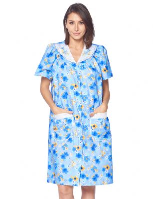Casual Nights Women's Snap Front House Dress Short Sleeve Woven Duster Housecoat Lounger Sleep Gown - Floral Blue - This lightweight Cute and comfortable House coat with Snaps front closure Duster for ladies from the Casual Nights Loungewear and Sleepwear robes Collection, Thin and light house robe, in beautiful feminine floral print pattern designs. this easy to wear bathrobe is made of 55% Cotton, 45% Poly woven fabric, perfect for spring, summer and all year round! The sleep dresscoat Features: short sleeves gown with full Snaps front closure for easy wearing and easy slipping on/off, flattering V-neck front white yoke with Embroidered flowers, 2 roomy front patch hand pockets, knee length approx. 40 Shoulder to hem. This lounge wear muumuu dress has a relaxed comfortable fit and comes in regular and plus sizes S, M, L, XL, 2X, 3X, 4X. All year winter and summer versatile multi uses, throw over your clothes as house robe while cleaning, washing and cooking, wear around the house as relaxed home day waltz dress, a nightgown to sleep in the spring and hot summer nights as a sleepshirt dress, Our sleep robe gowns is perfect to use for maternity, labor/delivery, hospital gown. Makes a perfect Mothers Day gift for your loved ones, mom, older women or elderly grandmother. Even beautiful enough for outside shopping and walking, comfortable enough for everyday use around the house. Please use our size chart to determine which size will fit you best, if your measurements fall between two sizes, we recommend ordering a larger size as most people prefer their sleepwear a little looser. Small: Measures US Size 4-6, Chests/Bust 34"-35" Medium: Measures US Size 8-10, Chests/Bust 36"-37" Large: Measures US Size 1214, Chests/Bust 38"-40" X-Large: Measures US Size 16-18, Chests/Bust 41"-43" XX-Large: Measures US Size 18W-20W, Chests/Bust 46-48" 3X-Large: Measures US Size 22W-24W, Chests/Bust 50-52" 4X-Large: Measures US Size 26-28, Chests/Bust 54-56" 