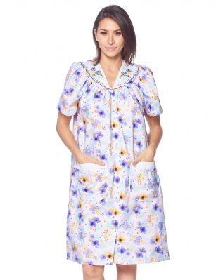 Casual Nights Women's Snap Front House Dress Short Sleeve Woven Duster Housecoat Lounger Sleep Gown - Floral Purple - This lightweight Cute and comfortable House coat with Snaps front closure Duster for ladies from the Casual Nights Loungewear and Sleepwear robes Collection, Thin and light house robe, in beautiful feminine floral print pattern designs. this easy to wear bathrobe is made of 55% Cotton, 45% Poly woven fabric, perfect for spring, summer and all year round! The sleep dresscoat Features: short sleeves gown with full Snaps front closure for easy wearing and easy slipping on/off, flattering V-neck front white yoke with Embroidered flowers, 2 roomy front patch hand pockets, knee length approx. 40 Shoulder to hem. This lounge wear muumuu dress has a relaxed comfortable fit and comes in regular and plus sizes S, M, L, XL, 2X, 3X, 4X. All year winter and summer versatile multi uses, throw over your clothes as house robe while cleaning, washing and cooking, wear around the house as relaxed home day waltz dress, a nightgown to sleep in the spring and hot summer nights as a sleepshirt dress, Our sleep robe gowns is perfect to use for maternity, labor/delivery, hospital gown. Makes a perfect Mothers Day gift for your loved ones, mom, older women or elderly grandmother. Even beautiful enough for outside shopping and walking, comfortable enough for everyday use around the house. Please use our size chart to determine which size will fit you best, if your measurements fall between two sizes, we recommend ordering a larger size as most people prefer their sleepwear a little looser. Small: Measures US Size 4-6, Chests/Bust 34"-35" Medium: Measures US Size 8-10, Chests/Bust 36"-37" Large: Measures US Size 1214, Chests/Bust 38"-40" X-Large: Measures US Size 16-18, Chests/Bust 41"-43" XX-Large: Measures US Size 18W-20W, Chests/Bust 46-48" 3X-Large: Measures US Size 22W-24W, Chests/Bust 50-52" 4X-Large: Measures US Size 26-28, Chests/Bust 54-56" 