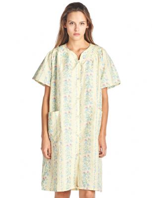 Casual Nights Women's Floral Woven Snap-Front Lounger House Dress - Yellow - This fresh and Feminine Short Sleeve Housecoat Duster from Casual Nights Lounge and Sleepwear Collection, designed in floral pattern. House-dress Features: 60% Cotton, 40% Polyester Woven constructions, V-neckline, colored piping detail, 2 handy pockets, hits above the knee approx. 38 length, easy snap front closure sets this muumuu lounger apart from the rest, A comfortable fit to throw over your clothes while cleaning and cooking, wear around the house as day dress or to sleep in. Beautiful enough for special occasions, yet comfortable enough for every day. 