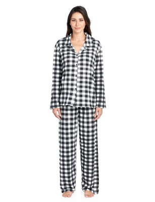 Casual Nights Women's Long Sleeve Rayon Button Down Pajama Set - Black Plaid - Please use our size chart to determine which size will fit you best, if your measurements fall between two sizes we recommend ordering a larger size as most people prefer their sleepwear a little looser.Medium: Measures US Size 8-10, Chests/Bust 36-38" Large: Measures US Size 12-14, Chests/Bust 38.5-40" X-Large: Measures US Size 16-18, Chests/Bust 41.5-42" XX-Large: Measures US Size 18-20, Chests/Bust 43-45"Soft and lightweight Rayon Knit Pajamas in a fun prints and patterns, coziest pajamas you'll ever own. Features Button down closure with notch collar, matching easy pull on pajama pants with elastic waistband for added comfort, These pjs offer comfortable straight fit perfect for sleeping or curling up on the couch to watch a movie.