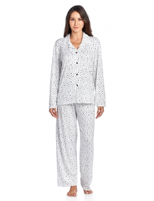 Casual Nights Women's Long Sleeve Rayon Button Down Pajama Set - White/Black Starts - Please use our size chart to determine which size will fit you best, if your measurements fall between two sizes we recommend ordering a larger size as most people prefer their sleepwear a little looser.Medium: Measures US Size 8-10, Chests/Bust 36-38" Large: Measures US Size 12-14, Chests/Bust 38.5-40" X-Large: Measures US Size 16-18, Chests/Bust 41.5-42" XX-Large: Measures US Size 18-20, Chests/Bust 43-45"Soft and lightweight Rayon Knit Pajamas in a fun prints and patterns, coziest pajamas you'll ever own. Features Button down closure with notch collar, matching easy pull on pajama pants with elastic waistband for added comfort, These pjs offer comfortable straight fit perfect for sleeping or curling up on the couch to watch a movie.
