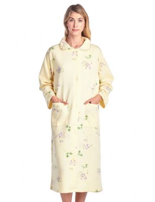 Casual Nights Women's Long Quilted Robe House Dress - Floral Yellow - This Long Quilted Lounger Housecoat Robe from Casual Nights, exceptionally lightweight made from cotton blend soft to the touch fabric. Lounge robe  features; long sleeves, quilted detail, embroidered flowers, front hand pocket, 7 easy button front closure makes this lounger easy to wear. Mid-calf length measures approx. 44 Inches. A comfort loose fit style perfect for spas, shower houses, lounging, changing. sleeping and more. 