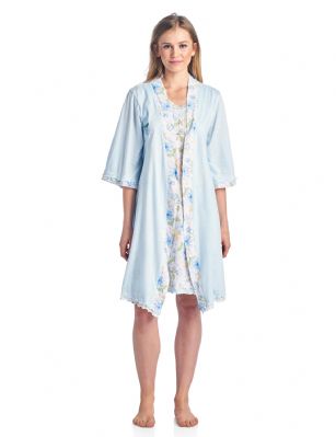 Casual Nights Women's Sleepwear 2 Piece Nightgown and Robe Set - Blue - Size Recommendations: Medium (6-8) Large (10-12) X-Large (14-16) XX-Large (18-20), Order size up for more a relaxed fit. Settle in for a quiet evening at home with this soft and cozy Sleepwear Night Gown and Robe Set for Women. it's made from a super comfortable cotton blend knit fabric. Sleeveless chemise nightshirt measures approx. 36" in, different neck styles offered. Coordinating Wrap Kimono Robefeatures matching self-tie belt, attached inner tie, side seem pockets, 3/4 sleeves with roomy armholes, approx. 38" in length. perfect for Lounging, Relaxing or just layering on. See the variety of beautiful prints and colors, styled with ruffles, lace, pipping, or bow. Choose the set you love most! 