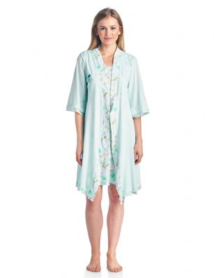 Casual Nights Women's Sleepwear 2 Piece Nightgown and Robe Set - Mint - Size Recommendations: Medium (6-8) Large (10-12) X-Large (14-16) XX-Large (18-20), Order size up for more a relaxed fit. Settle in for a quiet evening at home with this soft and cozy Sleepwear Night Gown and Robe Set for Women. it's made from a super comfortable cotton blend knit fabric. Sleeveless chemise nightshirt measures approx. 36" in, different neck styles offered. Coordinating Wrap Kimono Robefeatures matching self-tie belt, attached inner tie, side seem pockets, 3/4 sleeves with roomy armholes, approx. 38" in length. perfect for Lounging, Relaxing or just layering on. See the variety of beautiful prints and colors, styled with ruffles, lace, pipping, or bow. Choose the set you love most! 