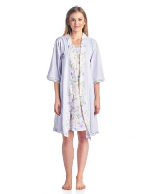 Casual Nights Women's Sleepwear 2 Piece Nightgown and Robe Set - Purple - Size Recommendations: Medium (6-8) Large (10-12) X-Large (14-16) XX-Large (18-20), Order size up for more a relaxed fit. Settle in for a quiet evening at home with this soft and cozy Sleepwear Night Gown and Robe Set for Women. it's made from a super comfortable cotton blend knit fabric. Sleeveless chemise nightshirt measures approx. 36" in, different neck styles offered. Coordinating Wrap Kimono Robefeatures matching self-tie belt, attached inner tie, side seem pockets, 3/4 sleeves with roomy armholes, approx. 38" in length. perfect for Lounging, Relaxing or just layering on. See the variety of beautiful prints and colors, styled with ruffles, lace, pipping, or bow. Choose the set you love most! 