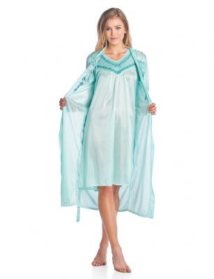 Women's Satin Embroidered Two Piece Nighty with Robe, Night Gown