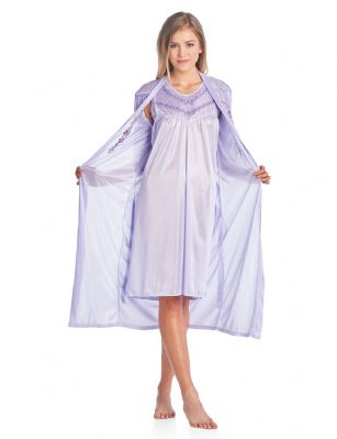 Casual Nights Women's Satin 2 Piece Robe and Nightgown Set - Embroidered Purple - Size Recommendations: Medium (2-4) Large (6-8) X-Large (10-12) XX-Large (14-16), Order size up for better lounging. Settle in for a quiet evening at home with this soft and cozy Sleepwear Set from Casual Nights, designed in silky satin fabric with a Sexy flowing silhouette. Robe features roomy armholes, self-tie closure, approx. 48" in length. Matching sleeveless chemise nightshirt measures approx. 36" in, different neck styles offered. Wrap up your night in something luxe. Effortless design perfect for Lounging, Relaxing or just layering on. See the selection of beautiful prints and solid colors, styled with delicate ruffles, elegant embroidery, lace, contrast trimming, or bow. Choose the set that suits you best! 