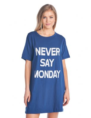 Casual Nights Women's Short Sleeve Printed Scoop Neck Sleep Tee - Navy Never Say Monday - Hit the sack in total comfort, this shirt is designed with comfort in mind. Flirty knee-length, Fun Screen Print and Comfortable Loose fit makes it a flattering piece that every woman should own in her top drawer.
