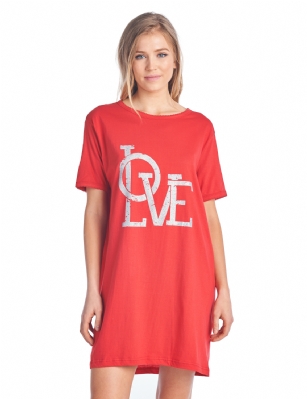 Casual Nights Women's Short Sleeve Printed Scoop Neck Sleep Tee - Red Love - Hit the sack in total comfort, this shirt is designed with comfort in mind. Flirty knee-length, Fun Screen Print and Comfortable Loose fit makes it a flattering piece that every woman should own in her top drawer.