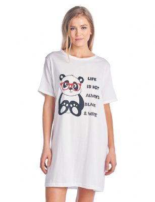 Casual Nights Women's Short Sleeve Printed Scoop Neck Sleep Tee - White Panda - Hit the sack in total comfort, this shirt is designed with comfort in mind. Flirty knee-length, Fun Screen Print and Comfortable Loose fit makes it a flattering piece that every woman should own in her top drawer.